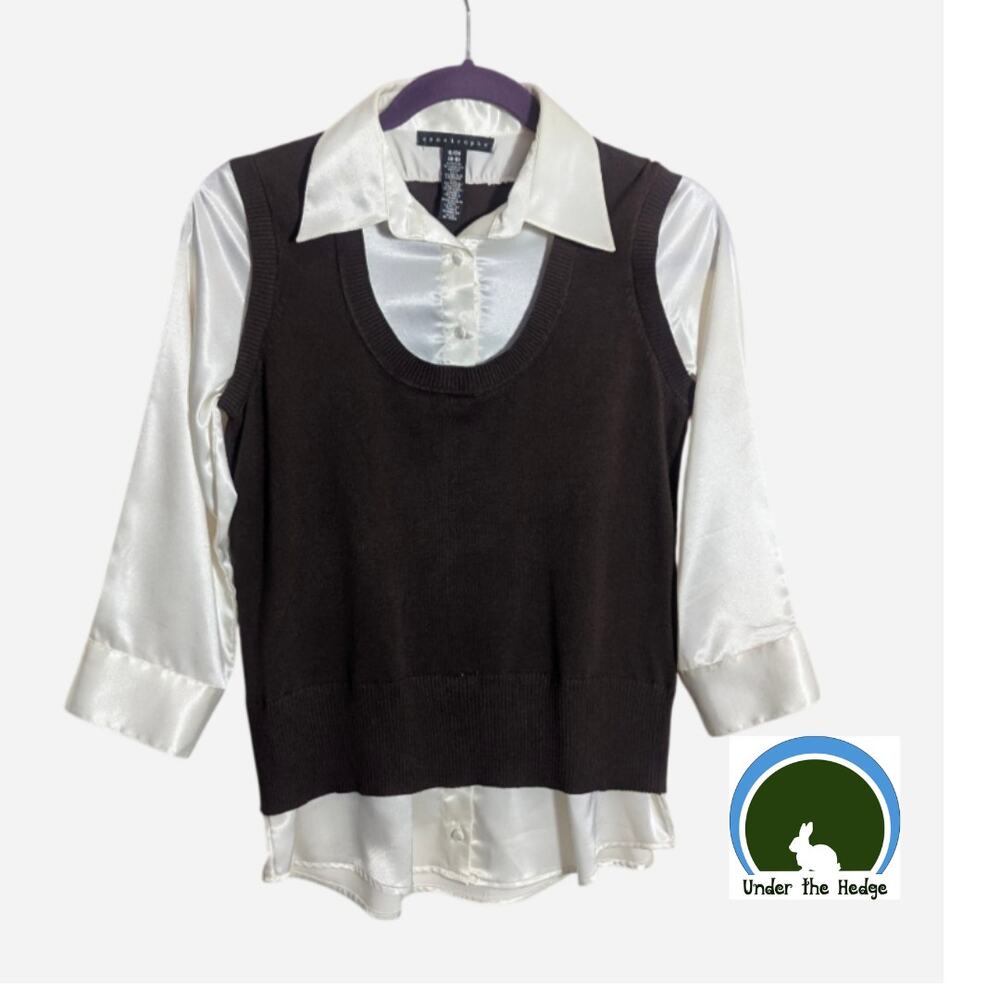 Y2K Apostrophe Brown & Cream Layered Vest Blouse Top Size Small Office Q1